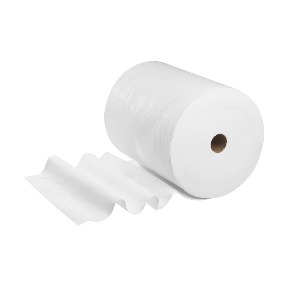 Eine WypAll® X60 General Clean Großrolle von Kimberly-Clark GmbH, Weiß, 1 Rolle mit 650 Tüchern, wird leicht abgerollt auf weißem Hintergrund gezeigt - ideal zur Reinigung.
