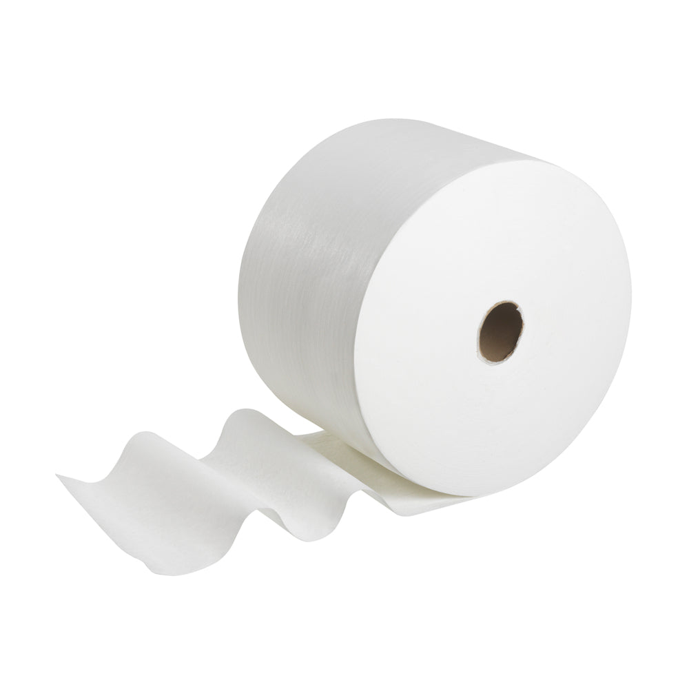 Eine große Rolle WypAll® X50 General Clean saugfähige Tücher der Kimberly-Clark GmbH mit einigen ausgerollten Blättern wird vor einem schlichten weißen Hintergrund gezeigt.