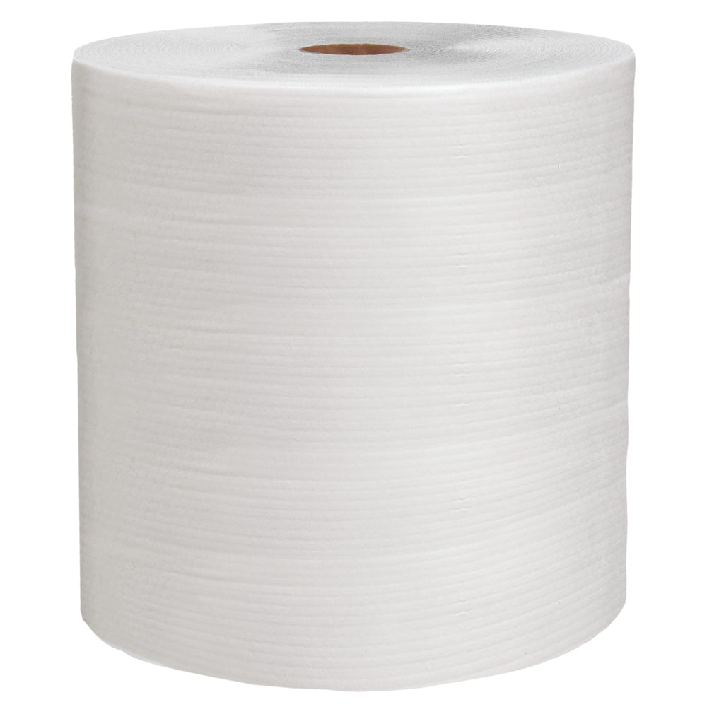 Die WypAll® X80 PowerClean Großrolle (31,00 cm x 31,50 cm) der Kimberly-Clark GmbH mit sichtbarem Pappkern ist ideal für den professionellen Einsatz und steht aufrecht auf einem schlichten weißen Untergrund.