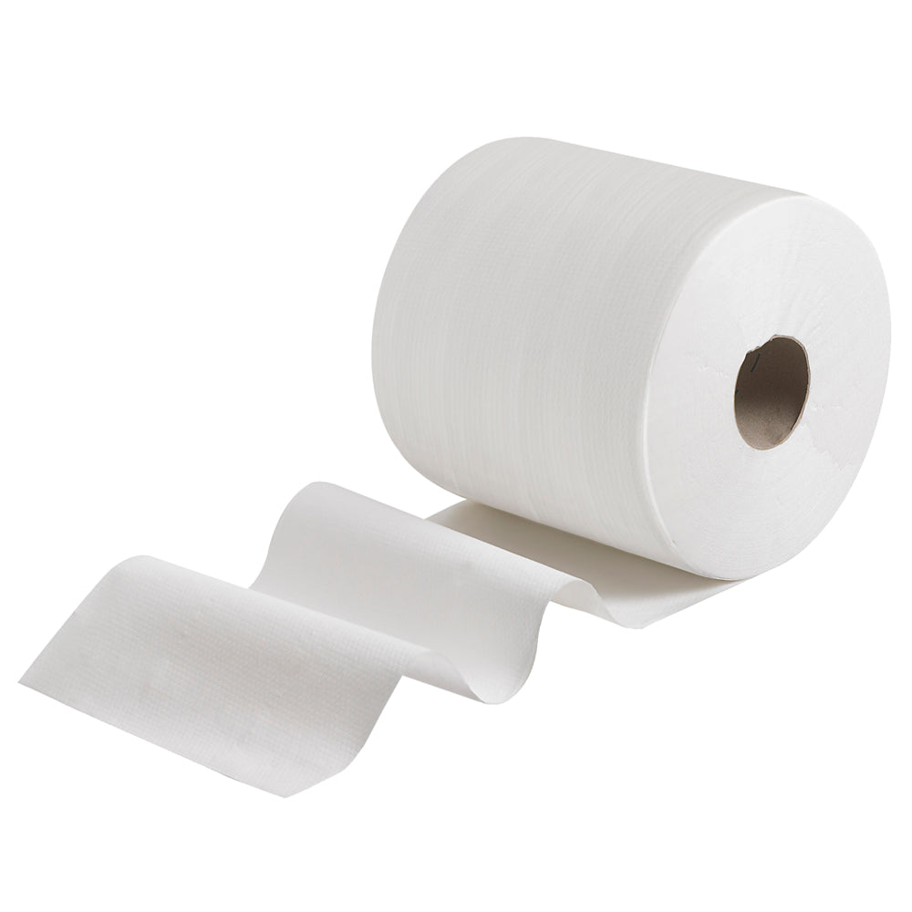 Die WypAll® X80 PowerClean Großrolle (31,00 cm x 31,50 cm) der Kimberly-Clark GmbH ist mit einigen ausgerollten Blättern auf weißem Grund abgebildet - perfekt für professionelle Reinigungsaufgaben und als Reinigungstuch im Profi-Bereich.
