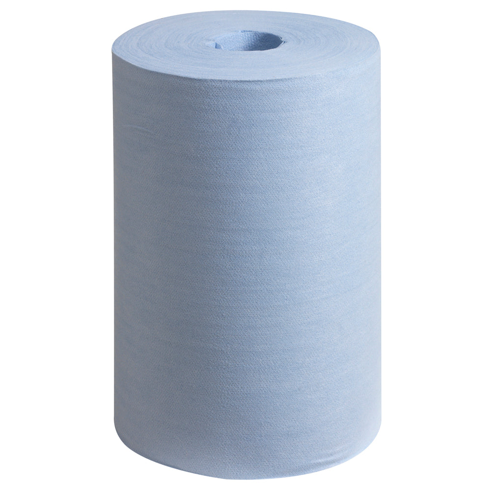 Eine blaue WypAll® X60 General Clean Zentralentnahme Rolle (1 x 150 Blatt) der Kimberly-Clark GmbH steht aufrecht vor einem schlichten weißen Hintergrund.