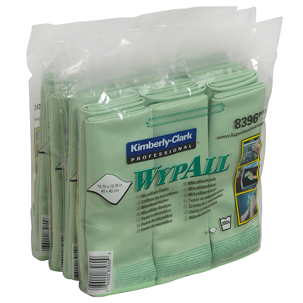 Eine Packung Kimberly-Clark GmbH WypAll® Mikrofasertücher - flaches Tuch, 40 x 40 cm, grün, ist in durchsichtigem Kunststoff eingeschweißt und mit Produktangaben und -bildern auf dem Etikett versehen.