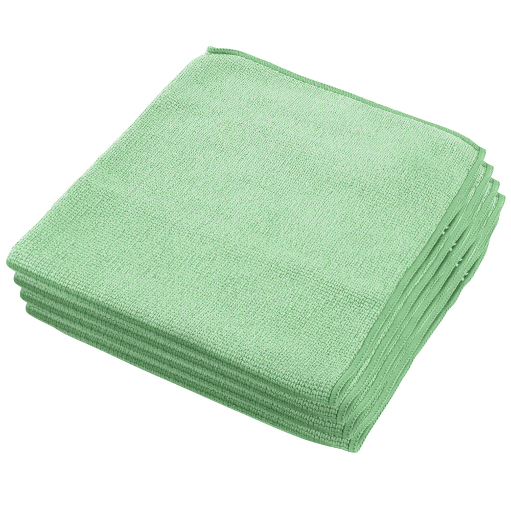 Ein Stapel hellgrüner WypAll® Mikrofasertücher - flaches Tuch (40 x 40 cm) der Kimberly-Clark GmbH, sauber gefaltet auf weißem Hintergrund, unterstreicht ihre Wirksamkeit für eine mühelose Reinigung.