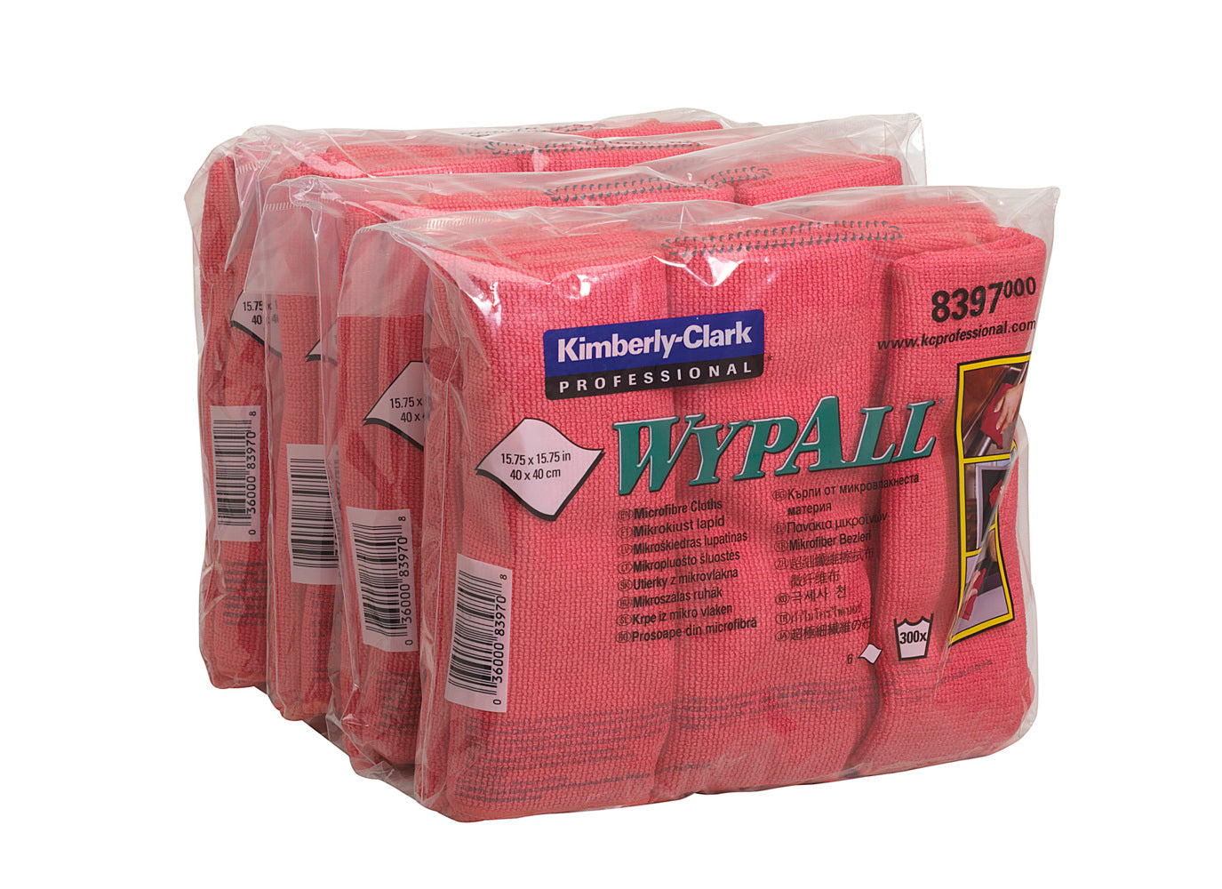 Drei Packungen Kimberly-Clark GmbH WypAll® Mikrofasertücher - flaches Tuch (40 x 40 cm) in rot sind in durchsichtigem Kunststoff eingeschweißt, jede Packung enthält gefaltete Tücher mit sichtbaren Produktetiketten und Barcodes.
