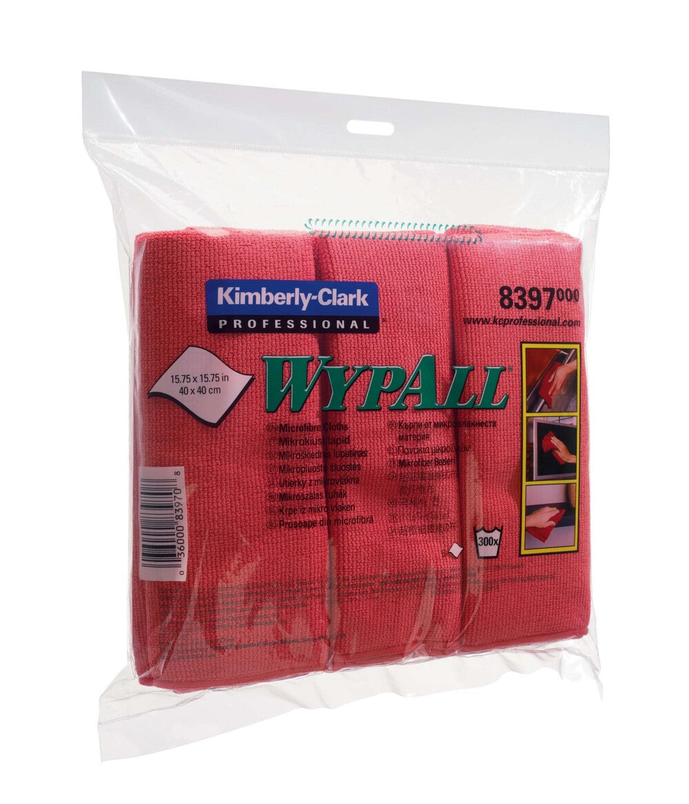 Eine durchsichtige Kunststoffverpackung von WypAll® Mikrofasertücher - flaches Tuch (40 x 40 cm) von Kimberly-Clark GmbH, die rote Tücher enthält. Auf der Verpackung sind Produktangaben, die Artikelnummer 8397 und Reinigungsabbildungen für jedes Mikrofasertuch abgebildet.
