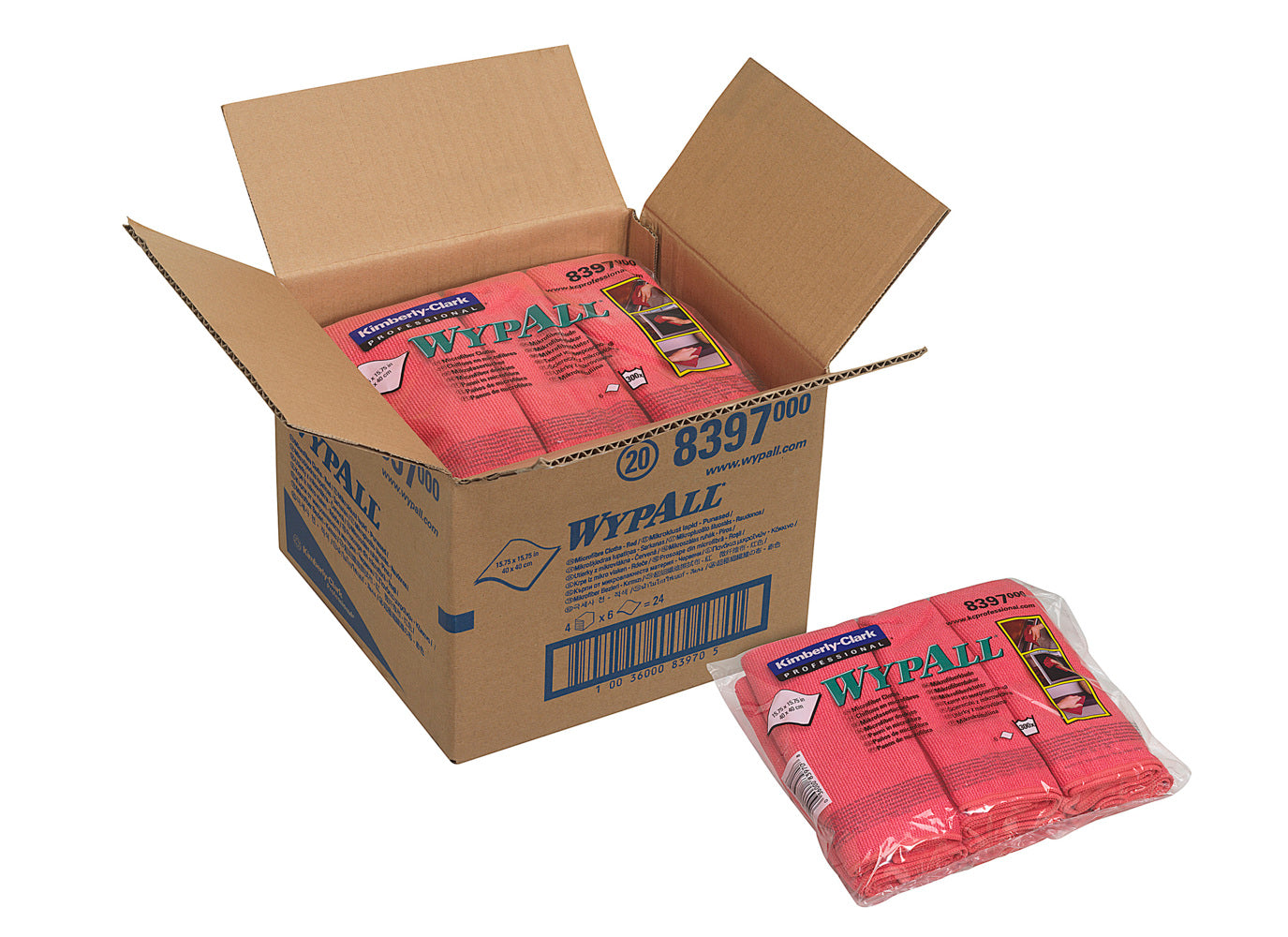 Ein geöffneter Karton der Kimberly-Clark GmbH mit der Aufschrift "WypAll" enthält mehrere Packungen WypAll® Mikrofasertücher - flaches Tuch, 40 x 40 cm. Jede Packung enthält rote Mikrofasertücher; eine Packung flaches Tuch befindet sich außerhalb des Kartons.