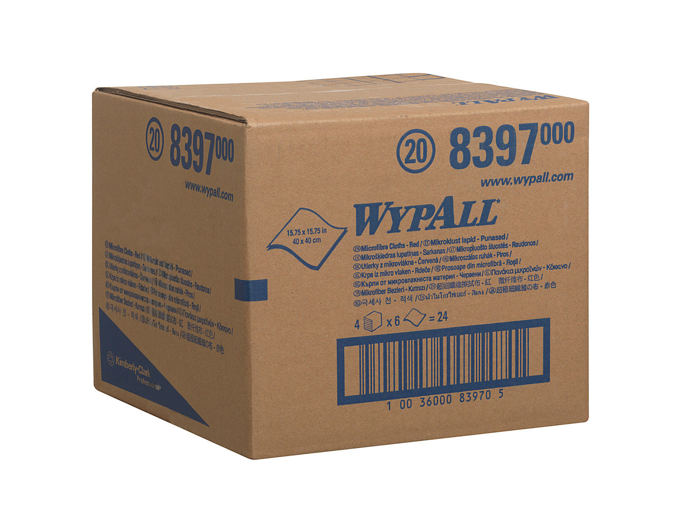 Ein brauner Karton mit der Aufschrift "WypAll" (Kimberly-Clark GmbH) und der Produktnummer 8397 enthält WypAll® Mikrofasertücher - flaches Tuch 40 x 40 cm. Die versiegelte Schachtel zeigt blau gedruckte Details, sichtbare Abmessungen und einen Barcode.