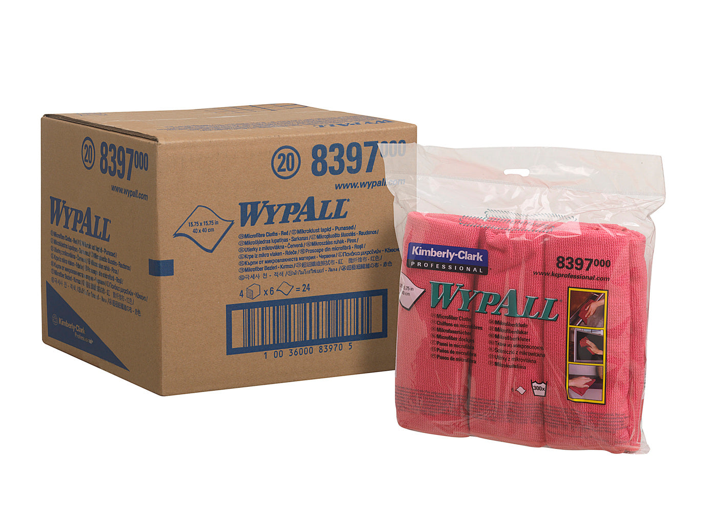 Eine Pappschachtel mit der Aufschrift "WypAll" steht neben einer durchsichtigen Plastikverpackung mit roten WypAll® Mikrofasertüchern - flaches Tuch (40 x 40 cm) der Kimberly-Clark GmbH, auf der Reinigungshinweise und Bilder aufgedruckt sind.