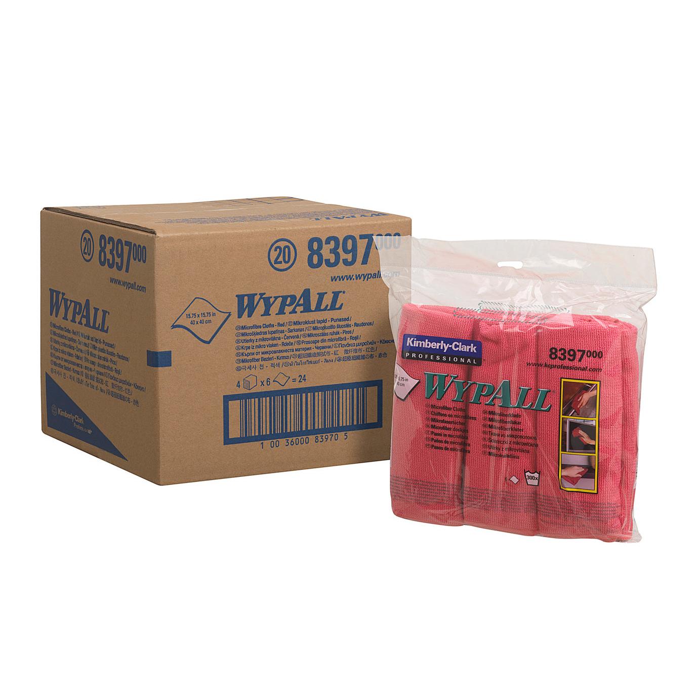Eine Pappschachtel mit der Aufschrift "WypAll" steht neben einer durchsichtigen Plastikverpackung mit roten WypAll® Mikrofasertüchern - flaches Tuch (40 x 40 cm) der Kimberly-Clark GmbH, auf der Reinigungshinweise und Bilder aufgedruckt sind.