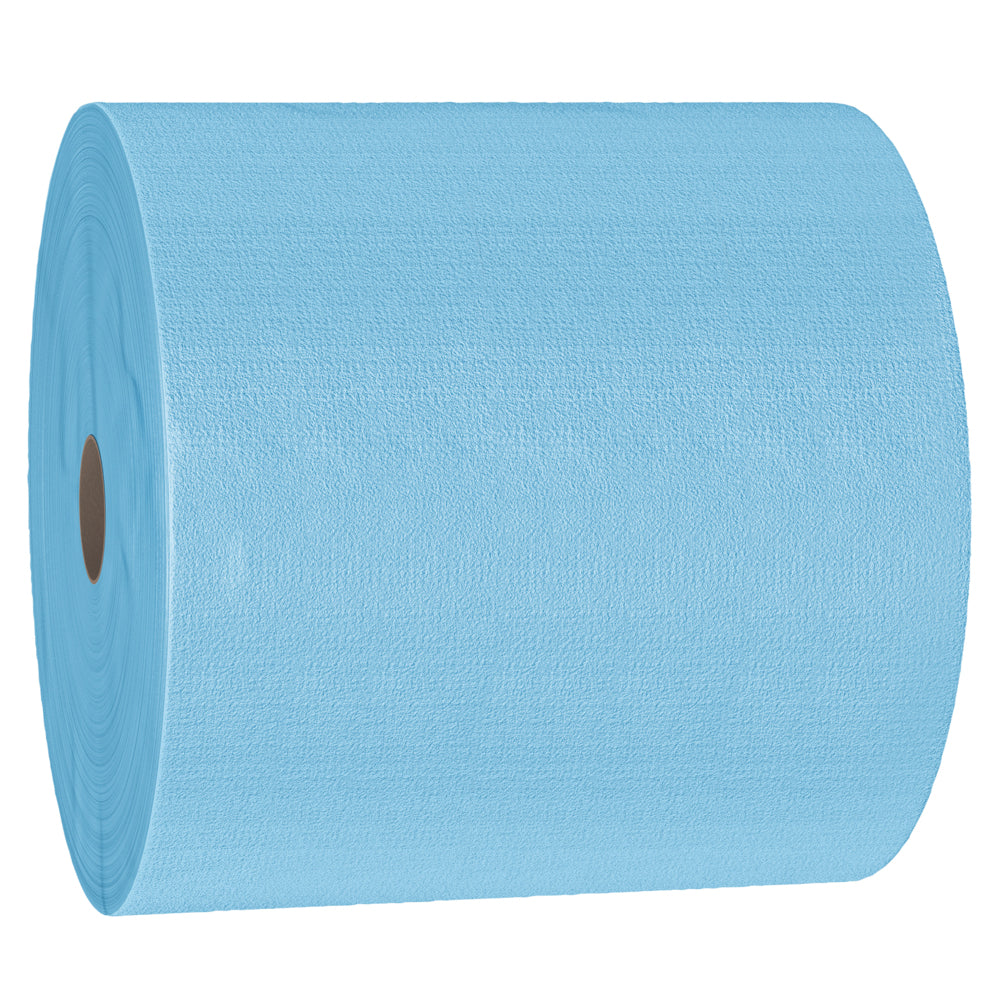 Die WypAll® X70 PowerClean Großrolle von Kimberly-Clark ist als große, blaue, strukturierte Papiertuchrolle mit braunem Kartonkern sichtbar - ideal für industrielle Reinigung (1 Rolle x 870 Tücher).