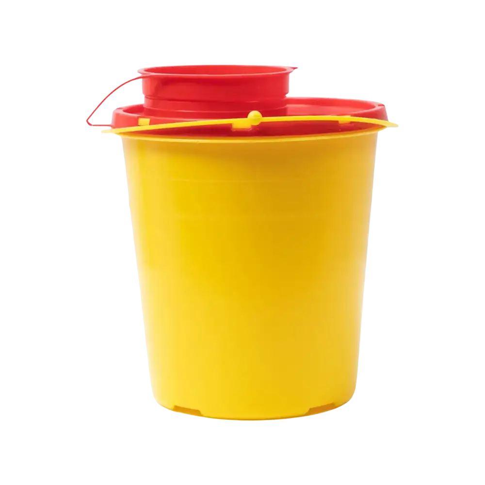 Abgebildet ist eine 1,5 l fassende gelbe AMPri Kanülen-Entsorgungsbox aus Kunststoff, Serie PBS, mit rotem Deckel und Griff, die für die sichere Entsorgung medizinischer Abfälle bestimmt ist, vor einem schlichten weißen Hintergrund.