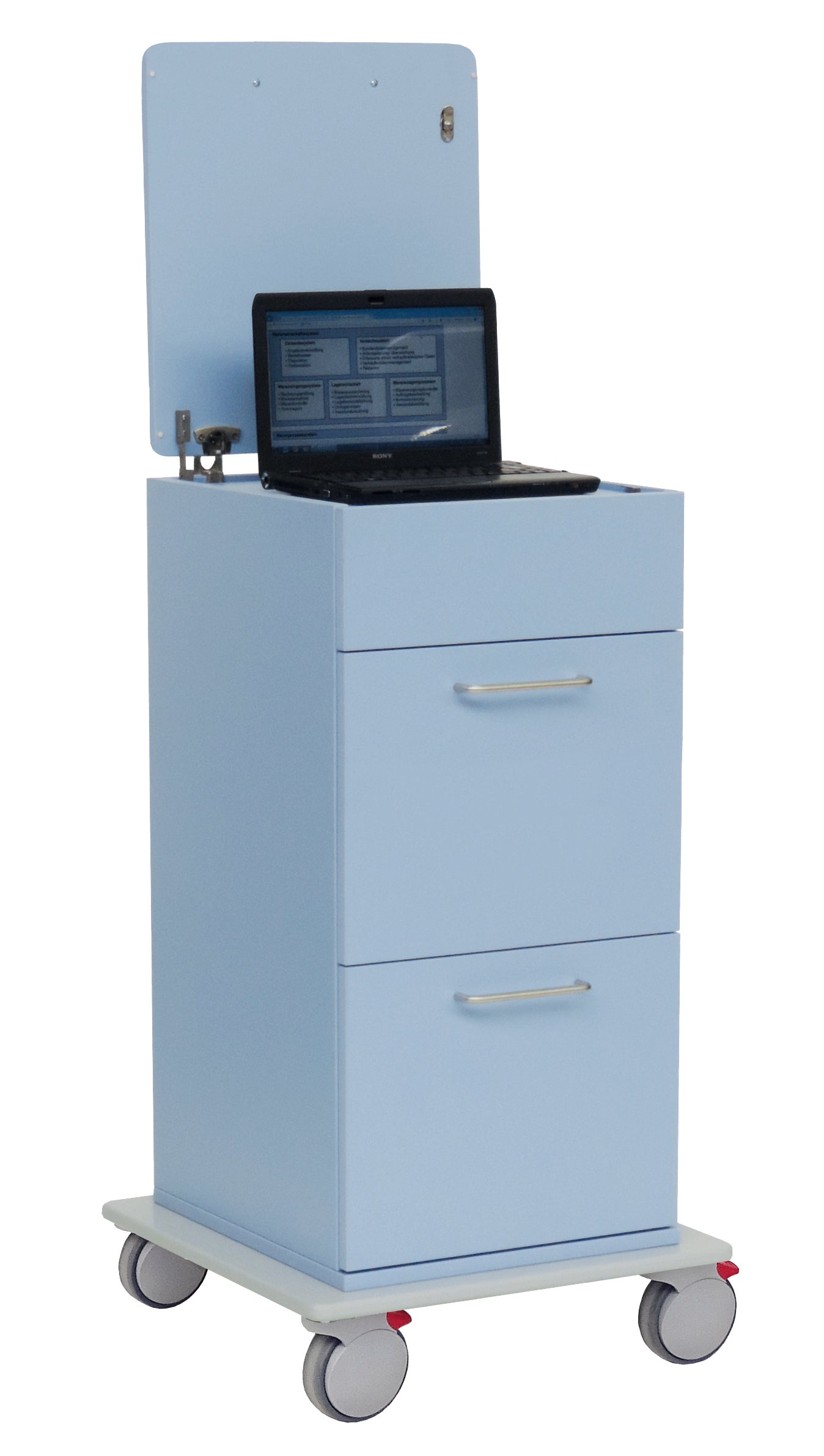 Der Novocal Laptopwagen mit absenkbarer Laptop-Ablage (1 Stück) in Hellblau verfügt über zwei Schubladen, eine flache Platte mit erhöhter Rückwand und vier Rollen - ideal für ergonomisches Arbeiten und flexiblen Laptop-Einsatz.
