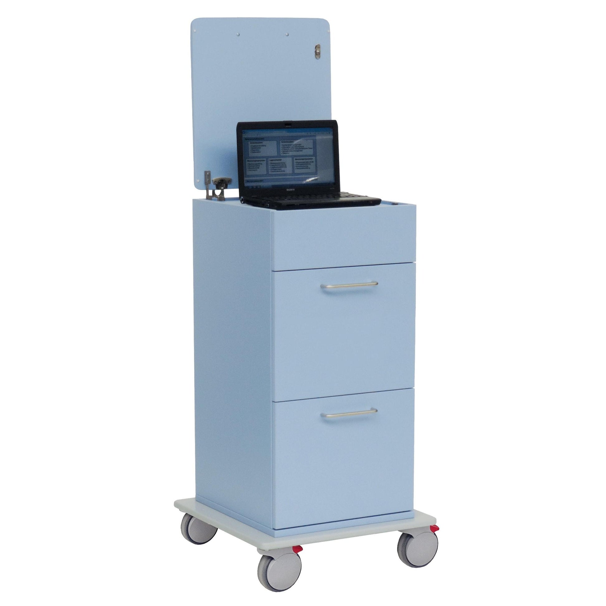 Der Novocal Laptopwagen mit absenkbarer Laptop-Ablage (1 Stück) in Hellblau verfügt über zwei Schubladen, eine flache Platte mit erhöhter Rückwand und vier Rollen - ideal für ergonomisches Arbeiten und flexiblen Laptop-Einsatz.