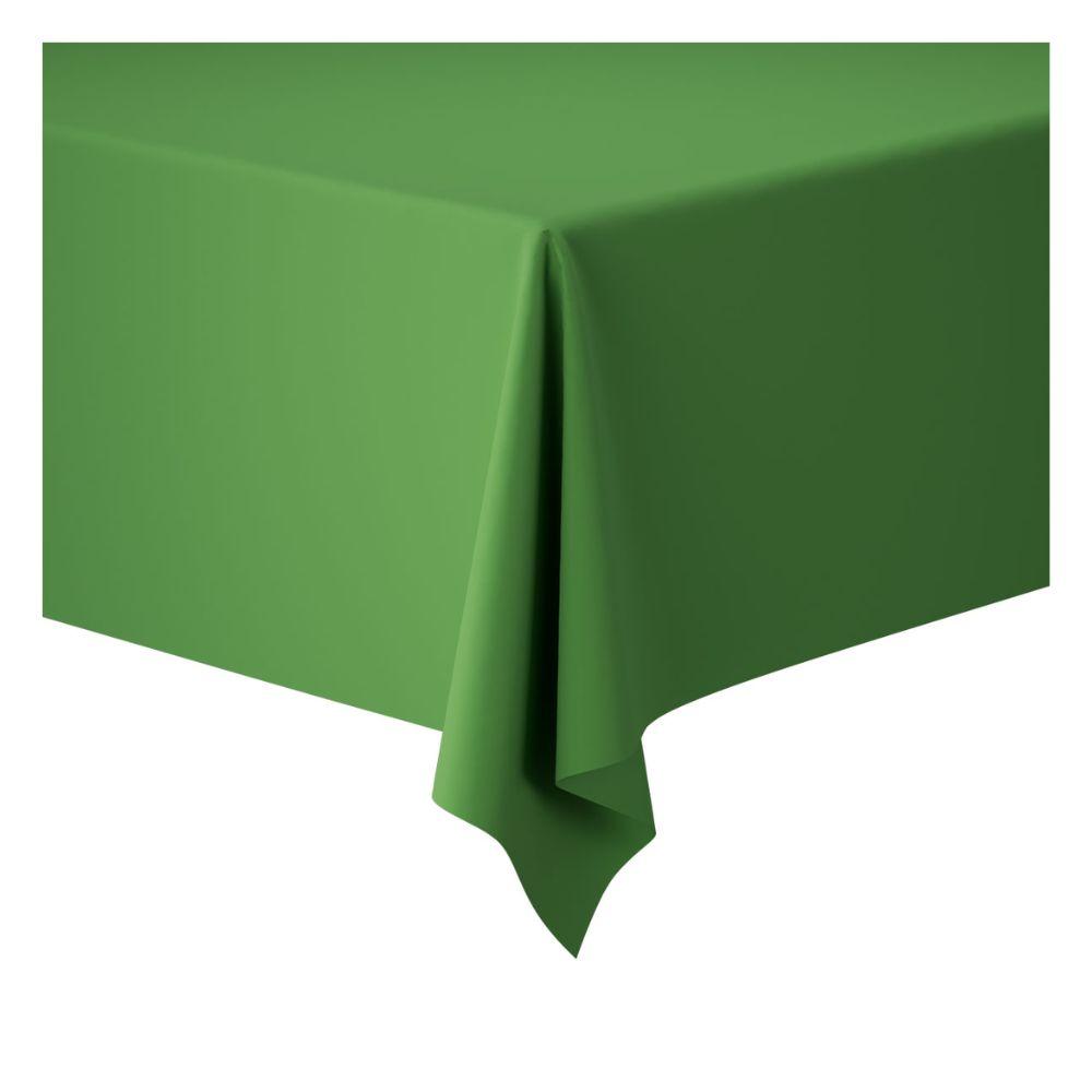 Ein rechteckiger Tisch ist mit einer glatten, einfarbig grünen Tischdecke von Duni GmbH Dunicel-Tischdeckenrollen (1,18 m x 25 m) bedeckt, die gleichmäßig über die Ränder hängt – perfekt für eine flexible Tischdekoration bei großen Veranstaltungen vor einem schlichten weißen Hintergrund.