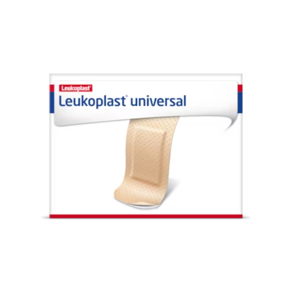 Die Leukoplast® Universal Strips Wundpflaster-Box der BSN Medical GmbH zeigt auf der Vorderseite ein einzelnes beiges Heftpflaster. Das Design besteht aus einem weißen Hintergrund mit roten und blauen Akzenten und dem Markennamen oben. Diese Heftpflaster sind wasser- und schmutzabweisend und bieten zuverlässigen Schutz.