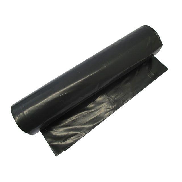 Eine Rolle Abena Re-Seller GmbH Abfallsäcke 70 L (575x1000 mm, 32 my LDPE) für Müllentsorgung, mit einem schwarzen Müllsack teilweise ausgerollt und flach liegend.