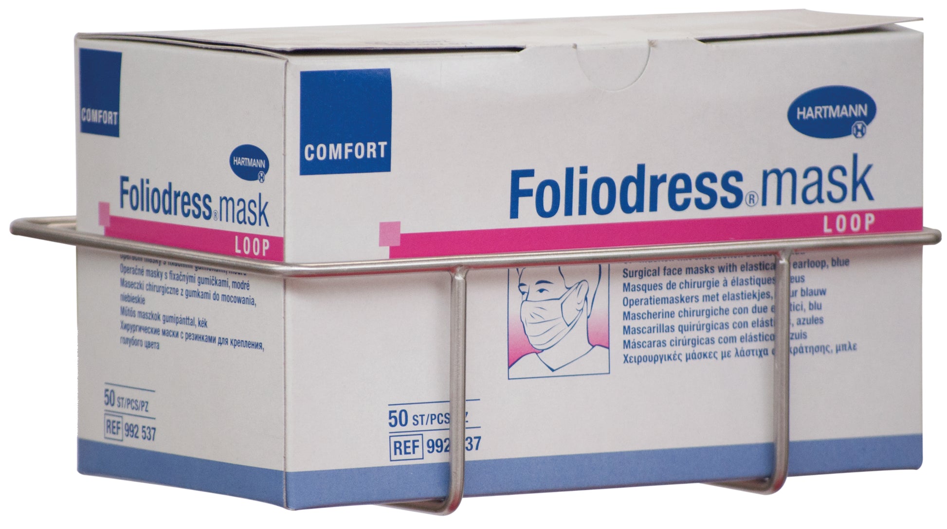 Eine Novocal Mundschutzboxhalterung aus Edelstahl zur Wandmontage (198 x 136 x 65 mm) hält eine Box "Foliodress mask LOOP" mit 50 OP-Masken, die Text und eine Zeichnung einer maskierten Person zeigt.