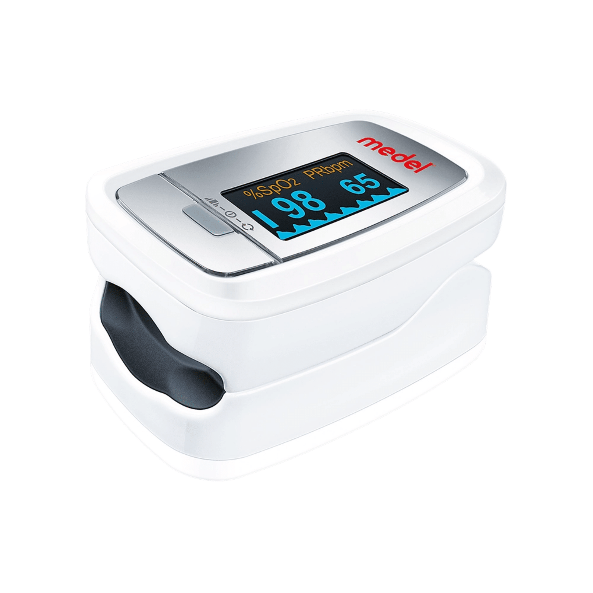 Das Medel Pulsoximeter Oxygen PO01 von Beurer GmbH verfügt über ein elegantes weißes Gehäuse mit einem Display, das eine Sauerstoffsättigung von 98 und eine Herzfrequenz von 65 Schlägen pro Minute anzeigt und so die Sauerstoffsättigung und die Herzfrequenz effizient überwacht.