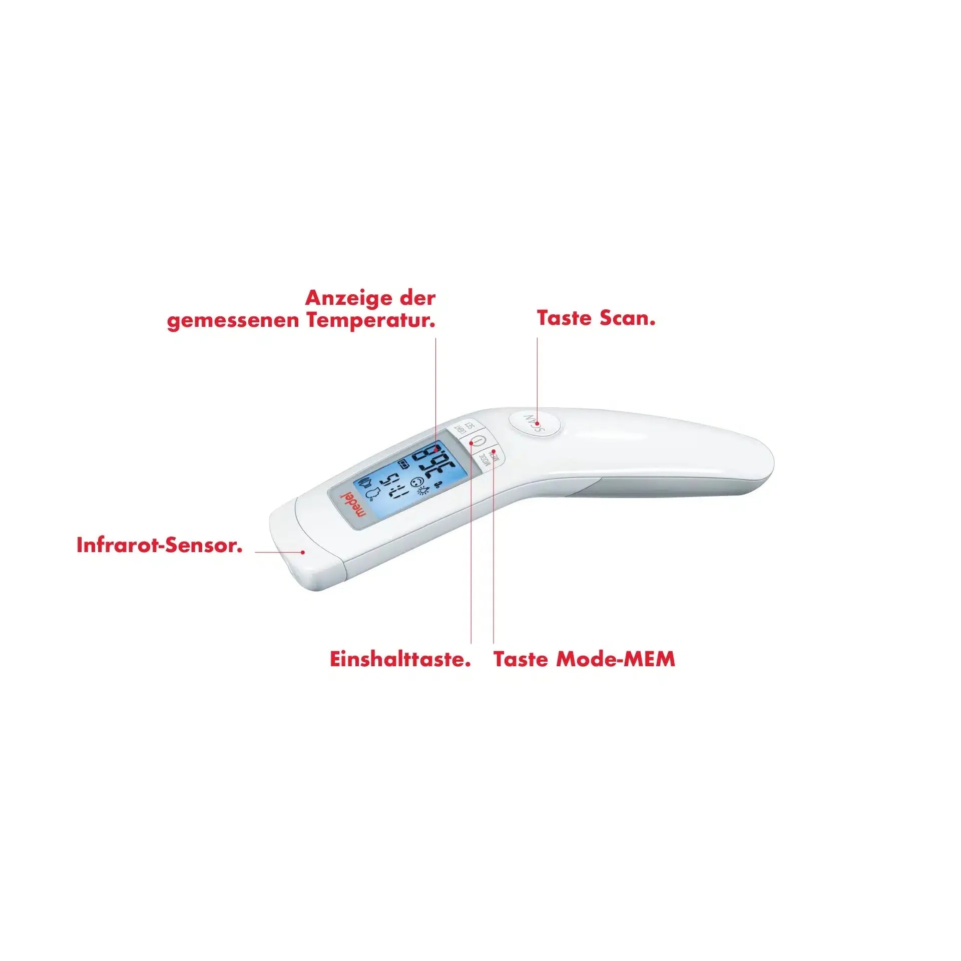 Digitales kontaktloses Fieberthermometer Medel Temp mit einer Temperaturanzeige auf seinem LCD-Bildschirm, das speziell für Babys und Kleinkinder konzipiert ist und Be...