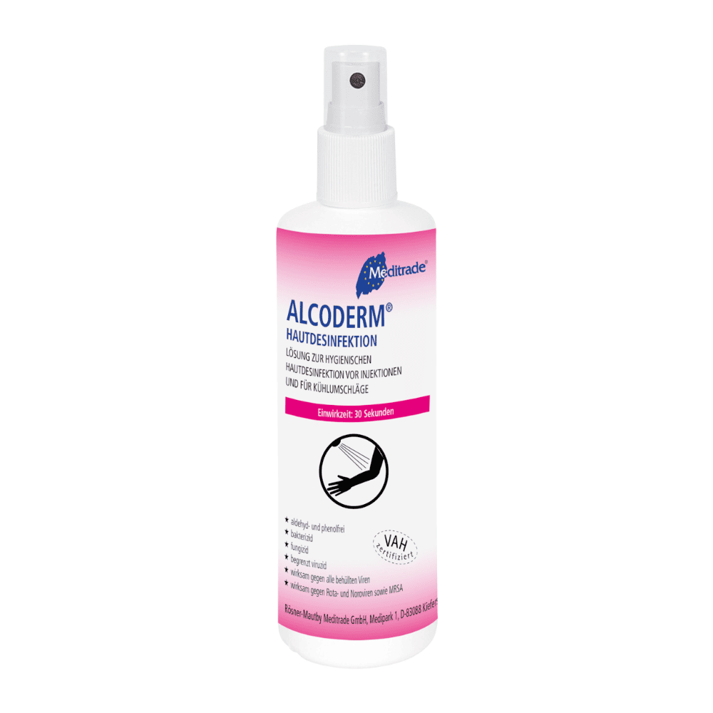 Eine 250 ml Flasche Meditrade Alcoderm® Hautdesinfektion von Meditrade GmbH, gekennzeichnet durch eine weiße Außenseite und ein rosa Etikett. Diese Flasche ist mit einer Sprühdüse ausgestattet und enthält eine deutsche Anleitung für hygienische Anwendungen wie Injektionen und Punktionen.