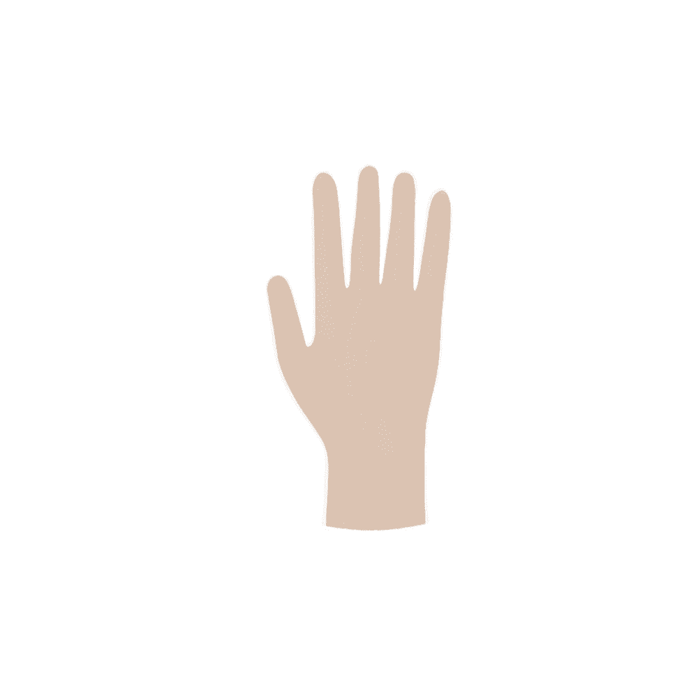 Illustration of a human hand in a neutral position with outstretched fingers, depicted in a flat graphic style, wearing sterile Meditrade Copolymed® disposable gloves.