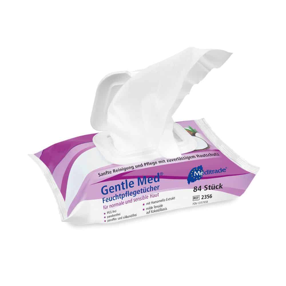 Eine Packung Meditrade Gentle Med® Feuchtpflegetücher der Meditrade GmbH (80 Tücher) in überwiegend weißer Verpackung mit violetten Akzenten, ideal zur Reinigung normaler und empfindlicher Haut. Ein Tuch ist teilweise herausgezogen.