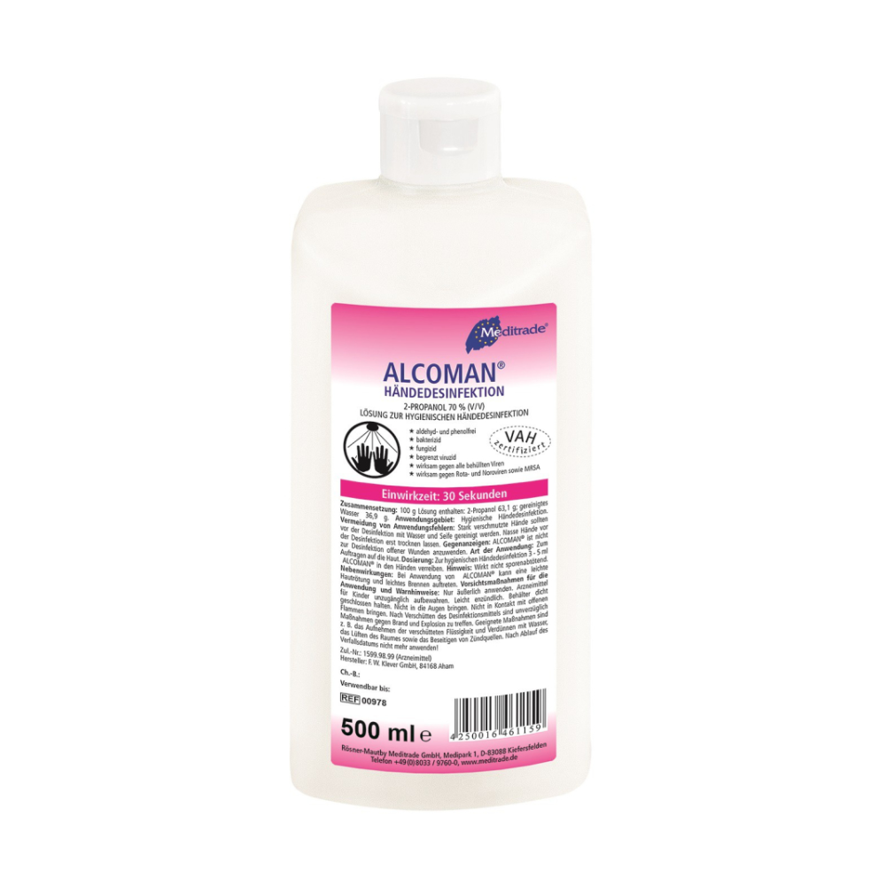 Eine 500-ml-Flasche Meditrade Alcoman® Händedesinfektionsmittel der Meditrade GmbH ist mit einem weißen Klappverschluss versehen. Das überwiegend weiße Etikett auf der Vorderseite, akzentuiert durch einen rosa Abschnitt, hebt die viruziden und bakteriziden Eigenschaften sowie die Produktanwendung und -spezifikationen hervor.
