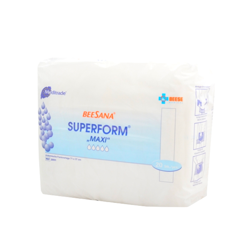 Eine Packung Meditrade Superform® Maxi Inkontinenzvorlage (20 Stück) der Meditrade GmbH wird in einer weißen Verpackung mit blauem Text und Tropfengrafiken abgebildet. Die Gebrauchsanweisung ist seitlich aufgedruckt.