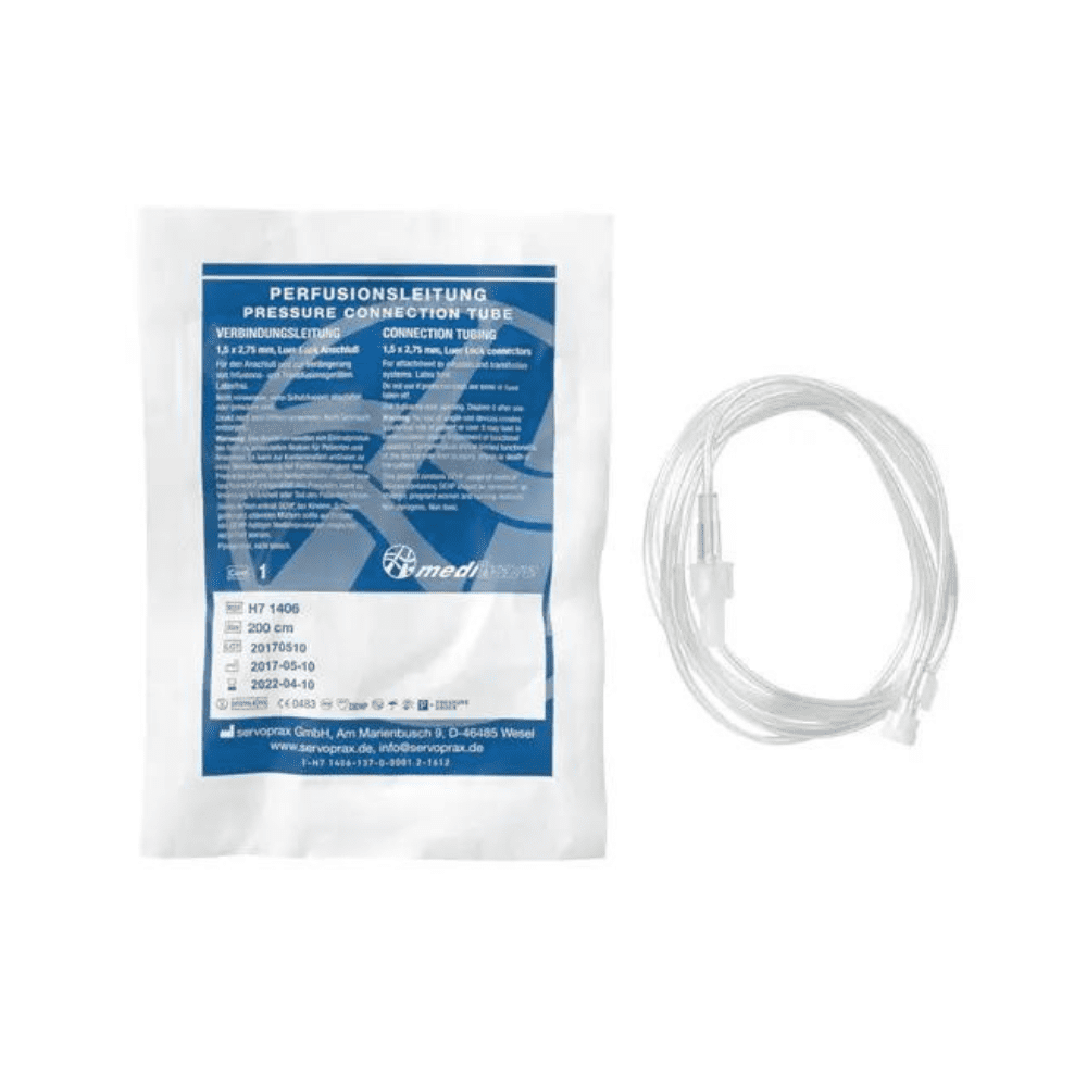 Ein elegant verpacktes medizinisches Gerät mit der Aufschrift „Druckverbindungsschlauch“ wird von einem glänzenden, gewickelten transparenten Schlauch begleitet, der mit Luer-Lock-Anschlüssen ausgestattet ist. Die sterile Verpackung hebt Produktinformationen in mehreren Sprachen hervor und spiegelt die Qualität der Mediware Infusions- / Perfusionsleitungen, 150 cm – 100 Stück | Karton (100 Packungen) der Servoprax GmbH wider.
