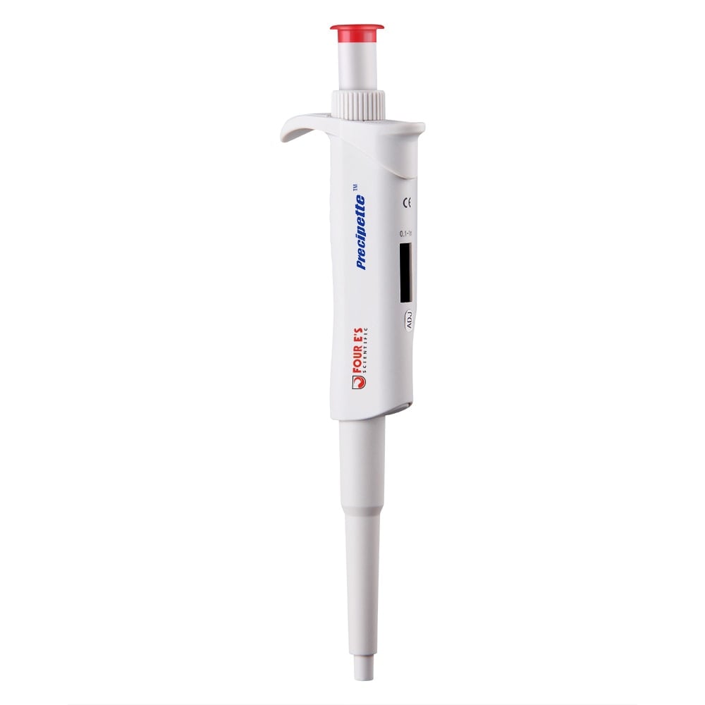 Eine Altruan Mikropipette-Pipette, weiß und rot, mit der Aufschrift „Preci1000“, was einen Volumenbereich von 100–1000 µl und ein bestimmtes Gewicht angibt, isoliert auf einem weißen Hintergrund.