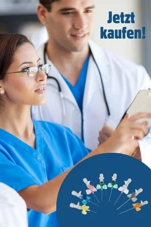 Zwei medizinische Fachkräfte in blauer und weißer Kleidung betrachten gemeinsam ein Tablet. Im Vordergrund ist eine Auswahl bunter Kanülen abgebildet, darüber steht der Schriftzug ‚Jetzt kaufen!‘.