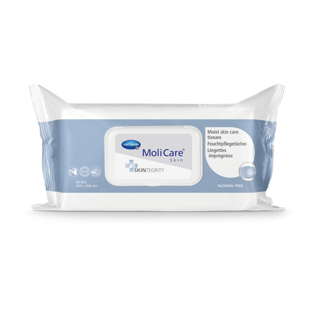 A package of MoliCare® Skin moist skin care wipes from Paul Hartmann AG in white-and-blue packaging, labeled as “moist skin care wipes,” alcohol-free, in a 20x size