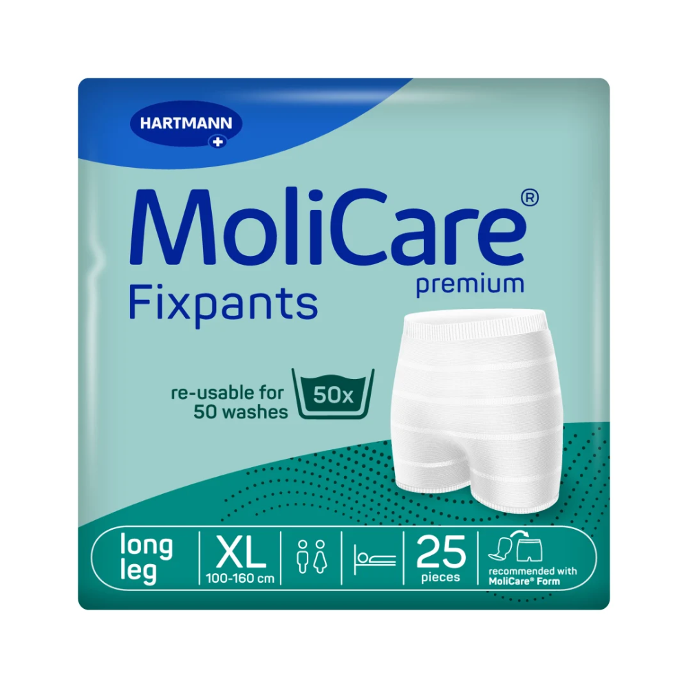 Das Bild zeigt eine Packung Hartmann MoliCare® Premium Fixpants der Paul Hartmann AG. Die blau-grüne Farbe steht für die Größe XL mit langen Beinen und ist für 50 Wäschen wiederverwendbar. Die Packung enthält 25 Stück und ist mit einem Diagramm auf der Vorderseite versehen, das als Ergänzung zu Inkontinenzeinlagen dient.