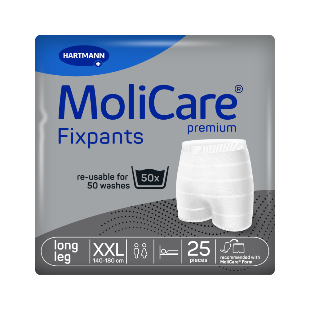 Das Bild zeigt die Verpackung der Hartmann MoliCare® Premium Fixpants der Paul Hartmann AG mit hervorgehobenen Merkmalen wie „50 Wäschen wiederverwendbar“, Größe XXL (140-180 cm), langer Beinschnitt, ideal zur Fixierung von Inkontinenzeinlagen und beinhaltet 25 Stück mit einer Abbildung von Netzhosen.