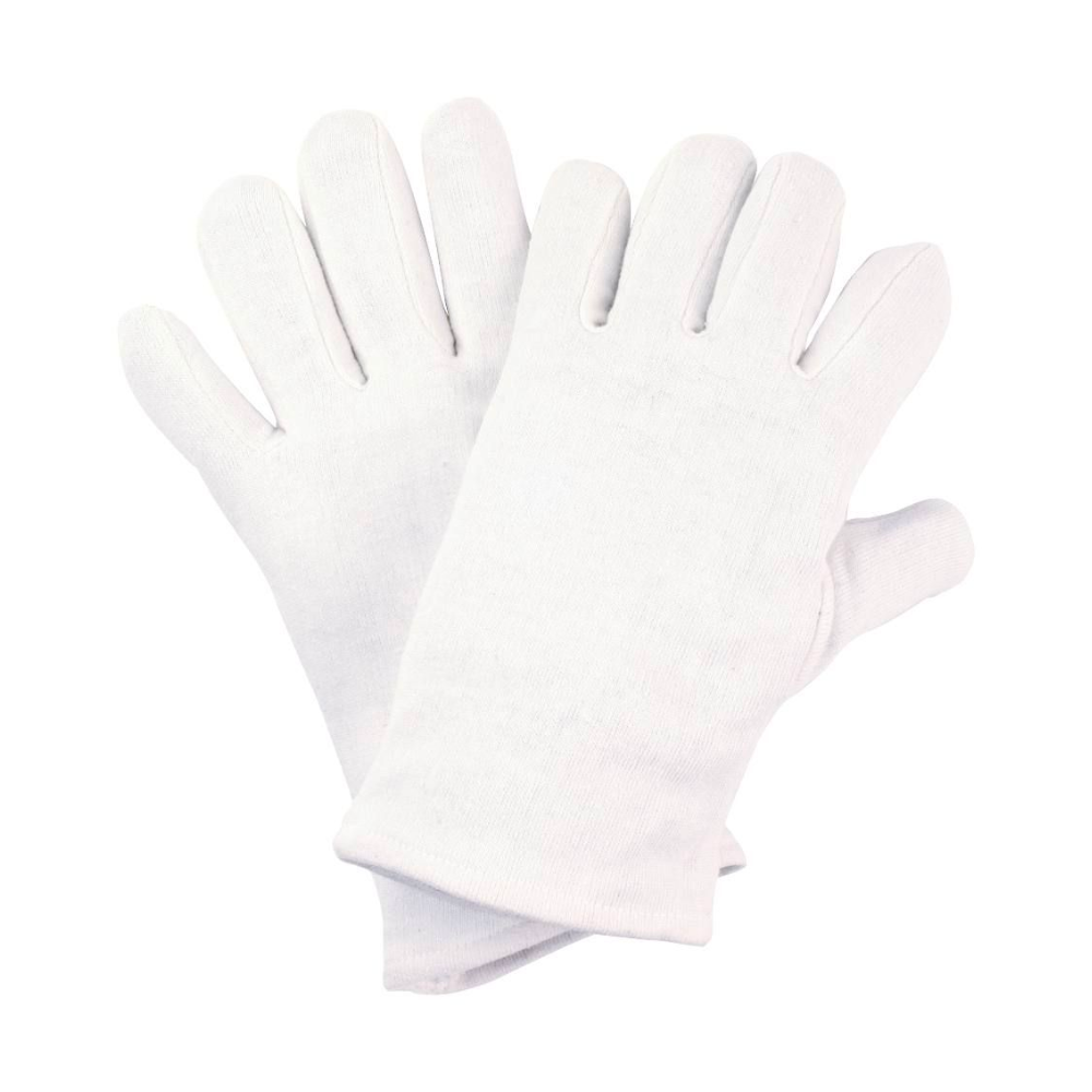 Auf weißem Untergrund liegt ein Paar NITRAS Baumwoll-Trikot-Handschuhe der AS Arbeitsschutz GmbH, Größe 6. Leicht überlappend liegt ein Handschuh über dem anderen. Ideal für sauberes Arbeiten oder zum Schutz sind diese weißen Handschuhe im 12er-Pack oder einzeln erhältlich.