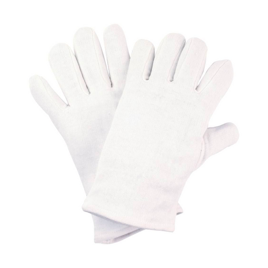 Auf weißem Untergrund liegt ein Paar NITRAS Baumwoll-Trikot-Handschuhe der AS Arbeitsschutz GmbH, Größe 6. Leicht überlappend liegt ein Handschuh über dem anderen. Ideal für sauberes Arbeiten oder zum Schutz sind diese weißen Handschuhe im 12er-Pack oder einzeln erhältlich.