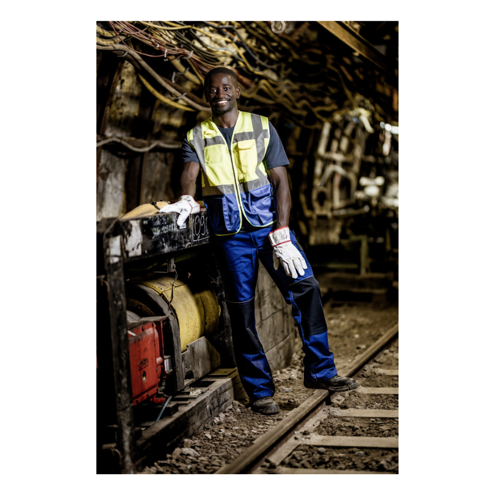 Ein Arbeiter, der ein NITRAS MOTION TEX LIGHT T-Shirt mit UV-Schutz trägt, zertifiziert von OEKO-TEX und hergestellt von AS Arbeitsschutz GmbH, steht neben Industrieanlagen in einem unterirdischen Tunnel, umgeben von Kabeln und Maschinen.