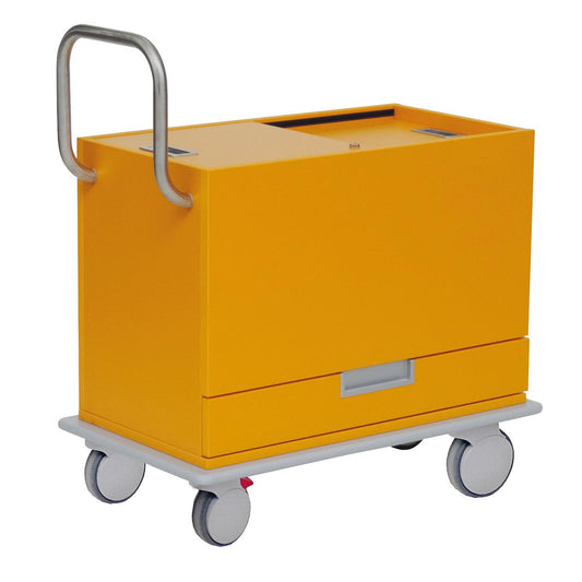 Das Novocal Kartei- und Visitenwagen Schrankteil aus hochwertigen Spezialplatten E hat einen gelben rechteckigen Korpus, einen Metallgriff, vier große Räder und eine untere Schublade - ideal für die mobile Aufbewahrung in Büromöbeln.