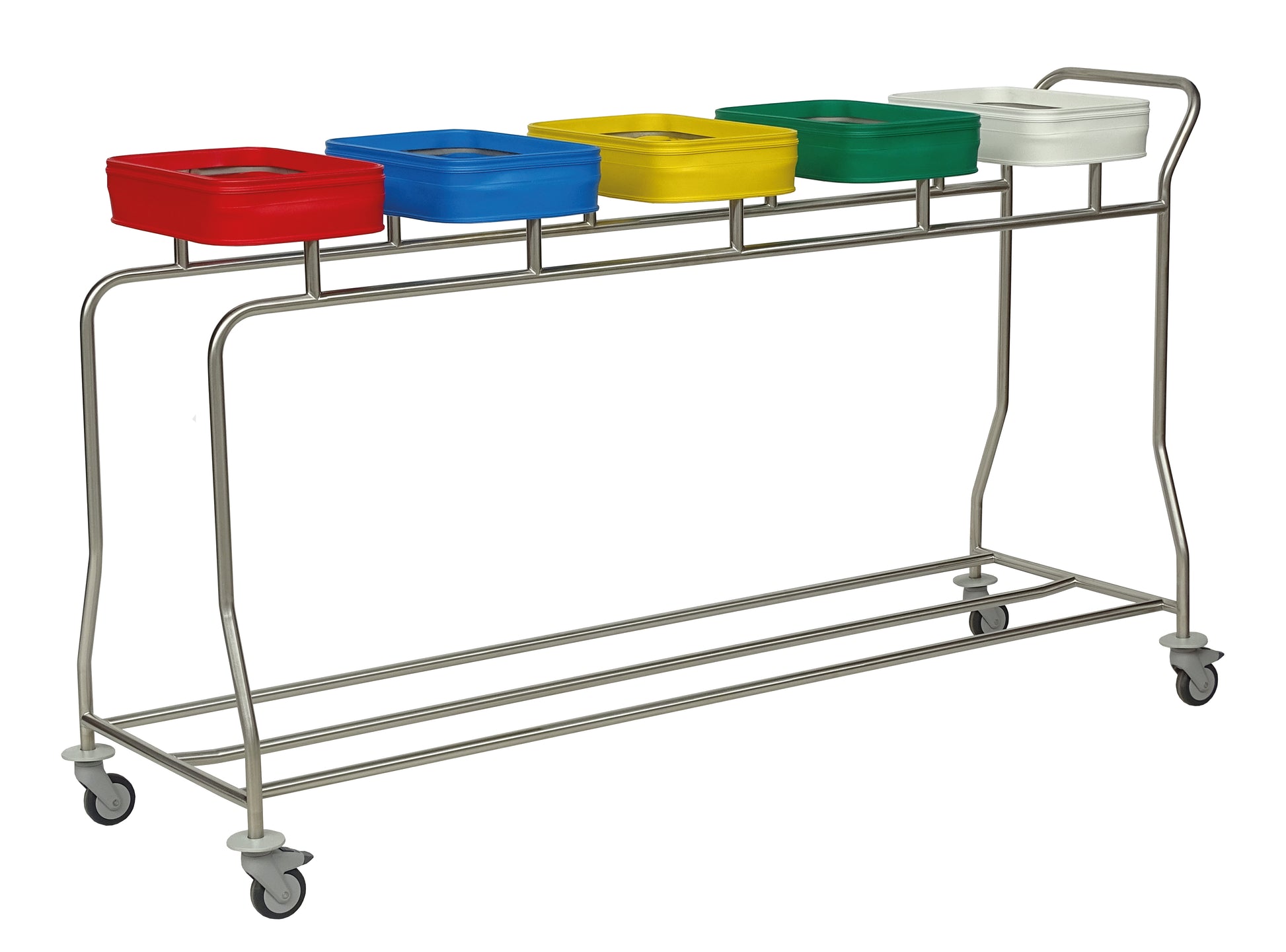 Der Novocal Edelstahl-Wäschesammler "Kompakt plus" ist ein platzsparender Fünffachsammler-Trolley mit fünf farbigen Deckeln, vier Rollen und Griff für komfortablen Transport.