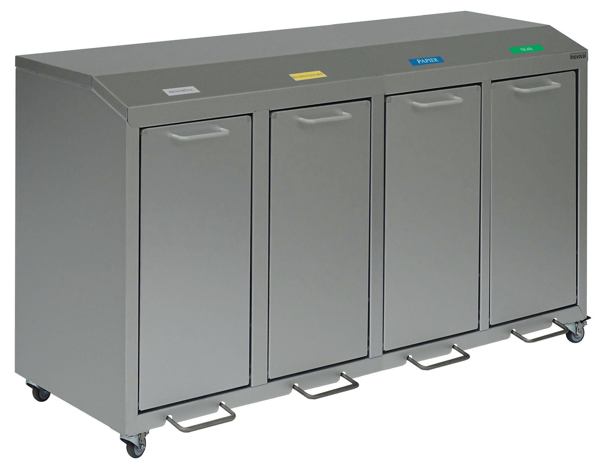 Der Novocal Wertstoffschrank Serie 3000 Vierfachsammler ist eine Aluminium-Recyclingstation mit vier elektrisch leitfähigen Fächern - ideal für eine effiziente Abfalltrennung.
