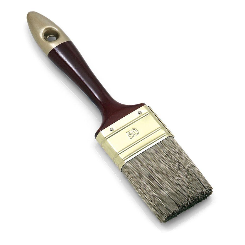Der Nölle Profi Brush Lasurpinsel 8 verfügt über hellbraune Borsten, eine glänzende, messingbeschichtete Zwinge mit der eingravierten Zahl 30 und einen dunkelbraunen Griff mit hellbrauner Spitze und Aufhängeloch.