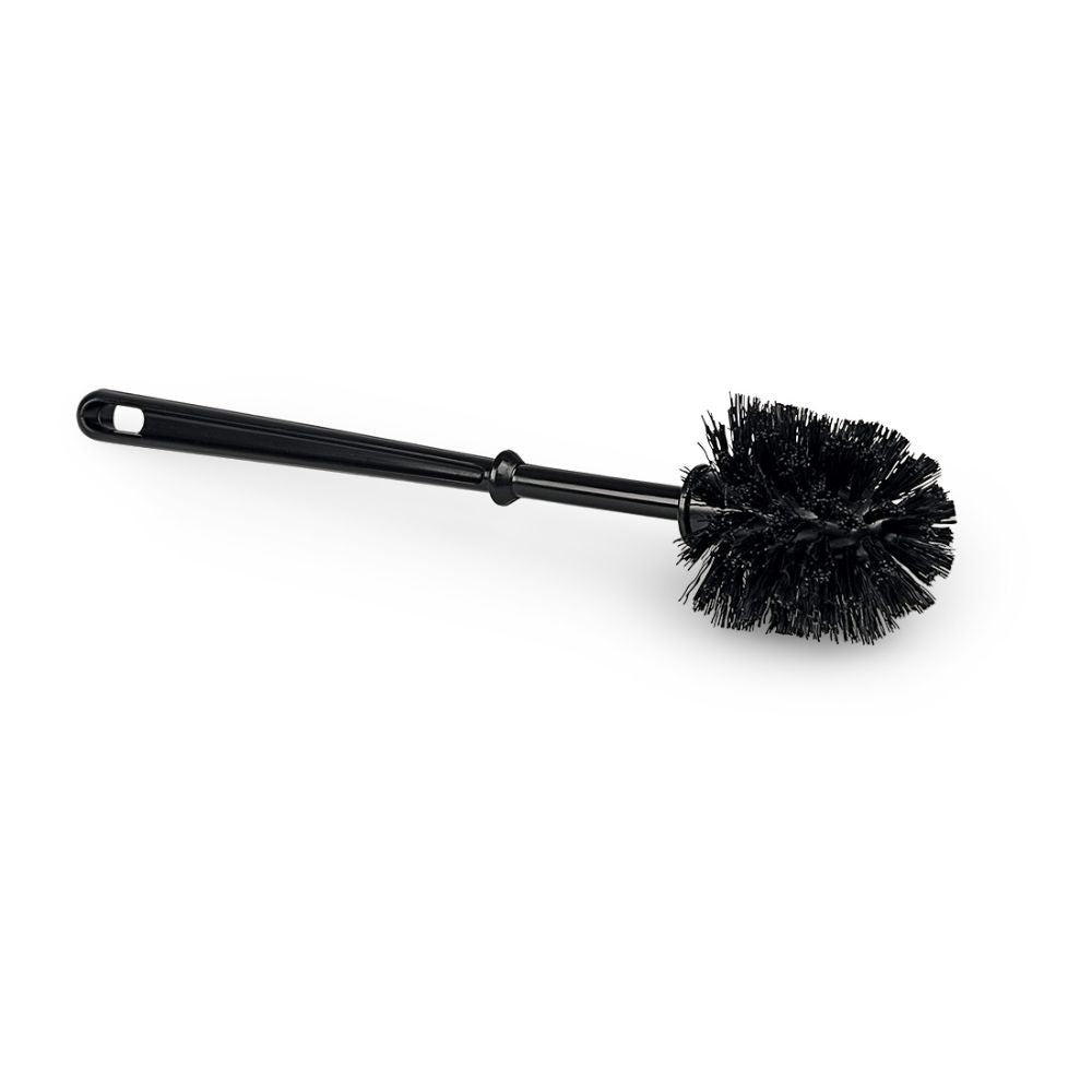 Vor weißem Hintergrund ist eine Nölle Profi Brush WC-Bürste schwarz 38 cm, Ø 75 mm, von Nölle Profi Brush Bürsten- & Pinseltechnik e.K., mit langem Stiel und Borsten abgebildet.