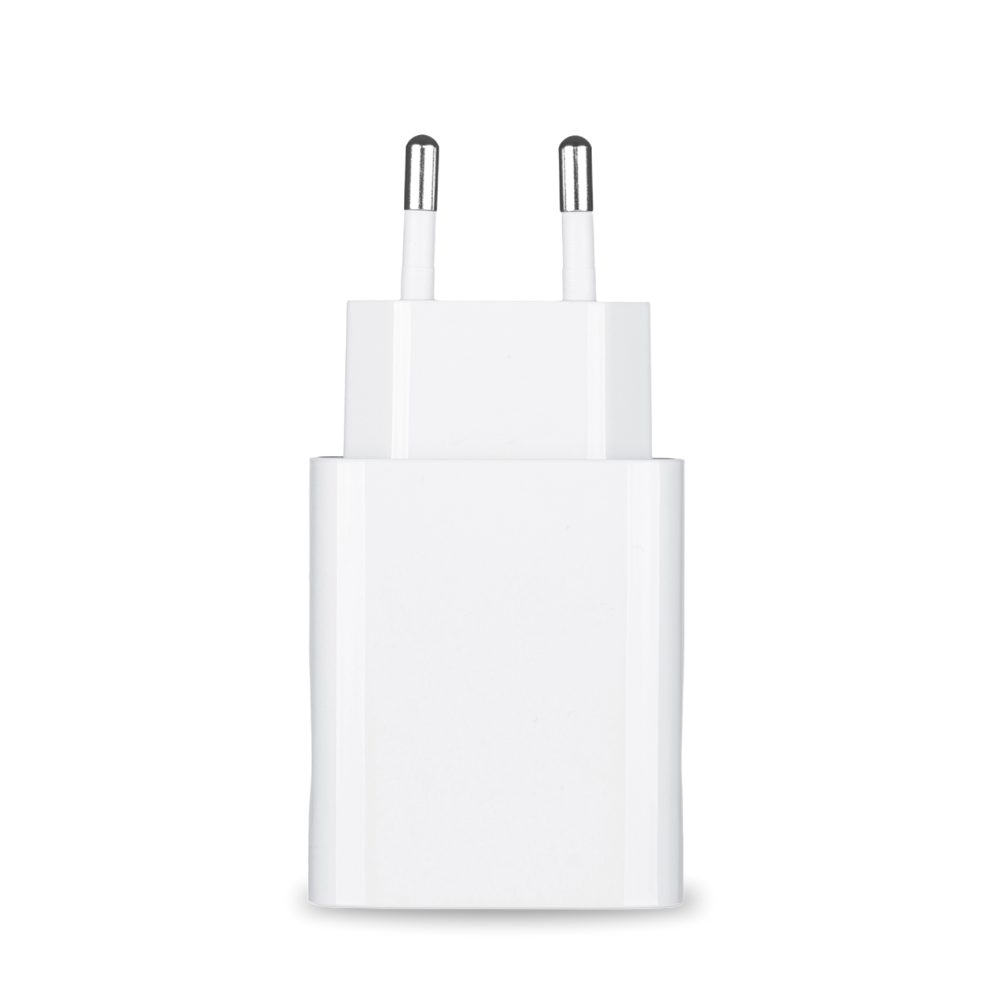 Das Netzteil und die Netzteil-Schutztasche für das Pluslife Mini Dock sind ein eleganter europäischer Steckeradapter in Weiß mit zwei Metallstiften, der sich ideal zum Betreiben elektronischer Geräte eignet. Er wird aufrecht vor einem schlichten weißen Hintergrund präsentiert, was sein elegantes und minimalistisches Design unterstreicht.