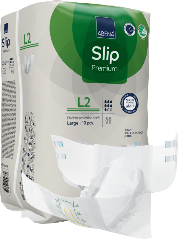 Eine Packung ABENA Slip Premium Inkontinenzslips der Abena Re-Seller GmbH, Größe Large (L2), enthält 10 Stück. Ein Slip ist teilweise aus der Packung genommen, um sein Design und sein Innenfutter zu zeigen.