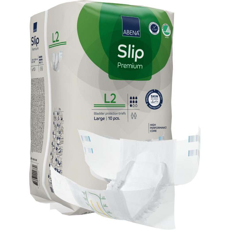 Eine Packung ABENA Slip Premium Inkontinenzslips der Abena Re-Seller GmbH, Größe Large (L2), enthält 10 Stück. Ein Slip ist teilweise aus der Packung genommen, um sein Design und sein Innenfutter zu zeigen.