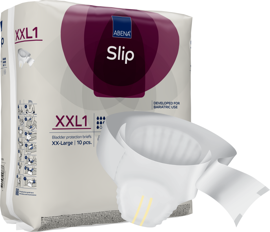 Eine Verpackung mit der Aufschrift "ABENA Slip Premium" von Abena Re-Seller GmbH zeigt einen Einweg-Inkontinenzslip für die effektive Pflege, der sich durch sein saugfähiges Zentrum, die sicheren Klebelaschen und das für den bariatrischen Gebrauch geeignete Design auszeichnet.