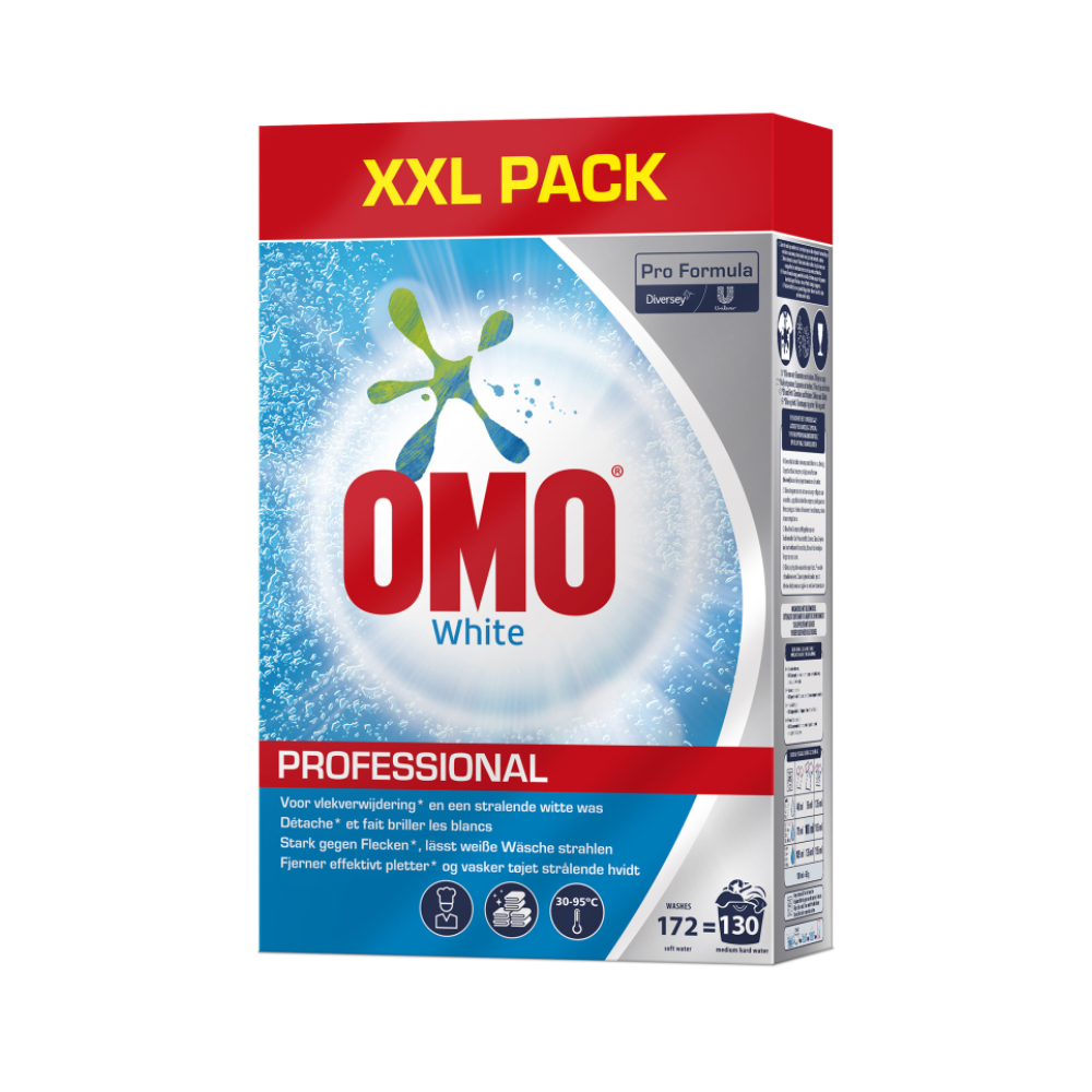 Eine XXL-Packung OMO Professional White Vollwaschmittel, mit einem blauen Spritzer-Design und einem Text, der die Fleckentfernung und die Leuchtkraft weißer Wäsche betont. Vertrieb durch Diversey Deutschland GmbH & Co. OHG.