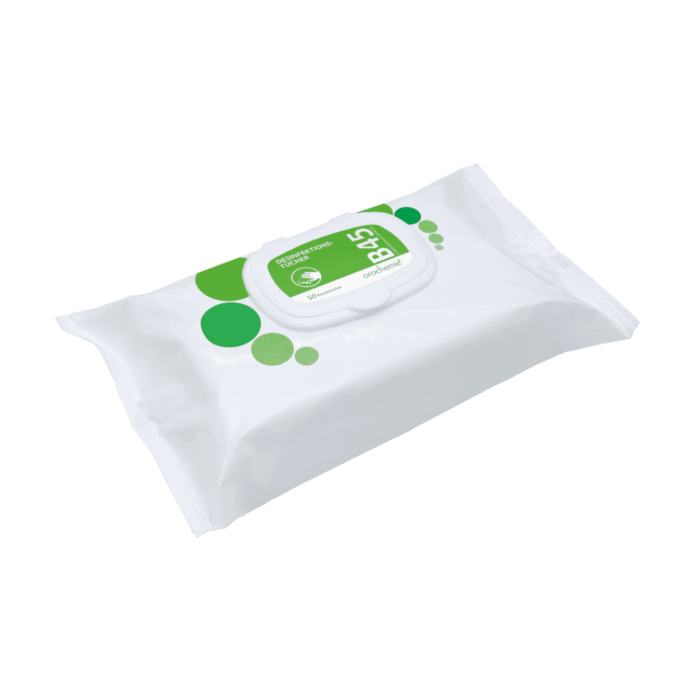 Eine versiegelte Packung Orochemie B 45 Desinfektionstücher (50 Stück) von orochemie GmbH + Co KG, mit weiß-grünem Etikett und wiederverschließbarem Deckel - perfekt für die Schnelldesinfektion auf empfindlichen Flächen.