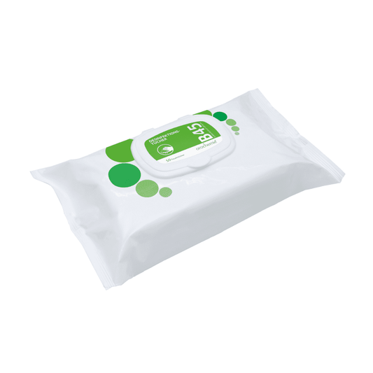 Eine versiegelte Packung Orochemie B 45 Desinfektionstücher (50 Stück) von orochemie GmbH + Co KG, mit weiß-grünem Etikett und wiederverschließbarem Deckel - perfekt für die Schnelldesinfektion auf empfindlichen Flächen.