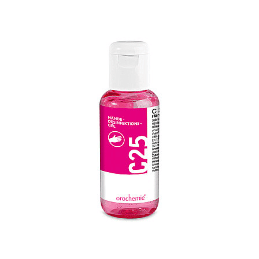 Eine kleine transparente 100-ml-Kunststoffflasche mit weißem Verschluss und der Aufschrift "Orochemie C 25 Händedesinfektionsgel" der orochemie GmbH + Co KG enthält ein rosafarbenes Gel zur hygienischen Händedesinfektion.